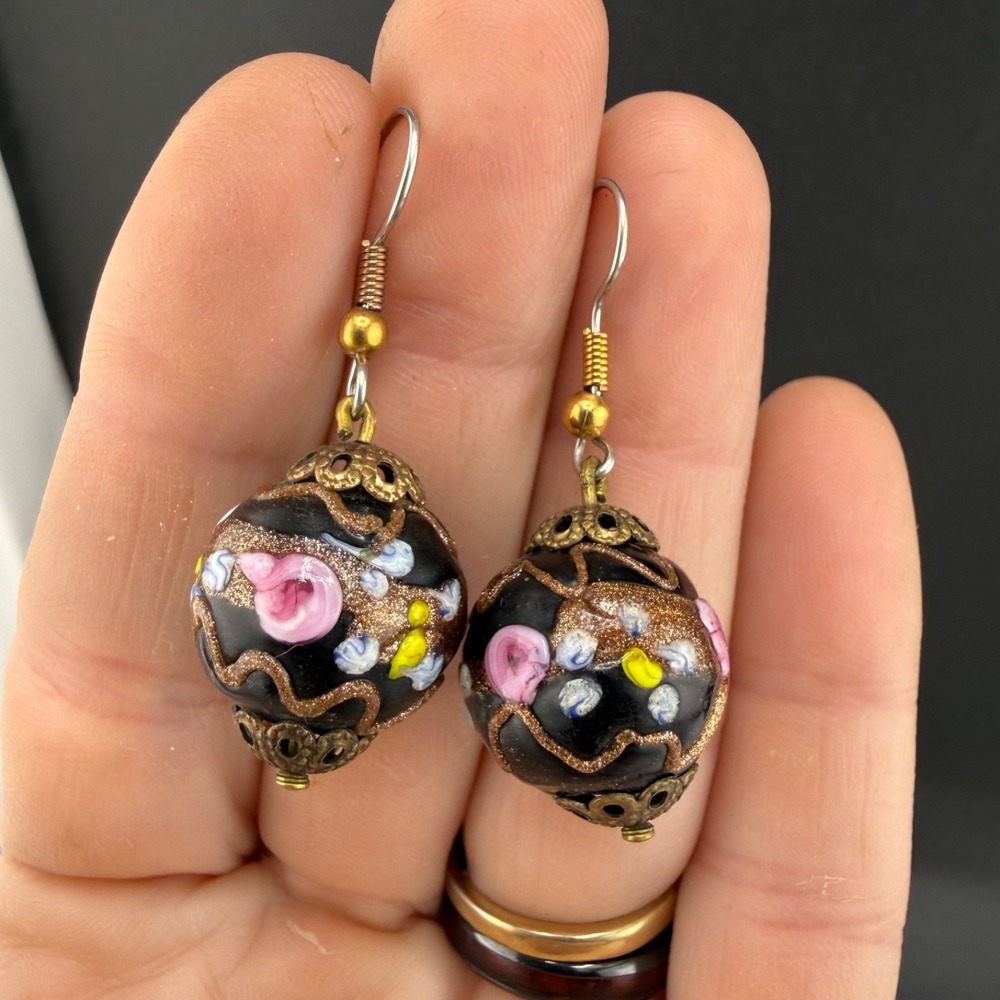 Vintage Estate Wedding Cake Bead Earrings Black Pink Gold Glass Floral Dangle